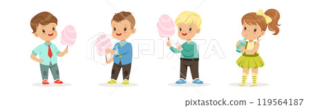 Cute Boy and Girl Character Eat Sweet and Sugary Treat Vector Set 119564187