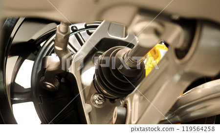 Car suspension and drive shaft. Structure of EV car spare parts. Such as Front or Rear suspension Shock absorber suspension Brake. Elements of the suspension and Chassis structure. Car service repair. 119564258