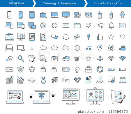 Technology and smartphone icon set. Line art vector. Business and office. Technology and smartphone icon set. Line art vector. Business and office. 119564273