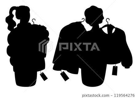 Shopping day. Cute women choose and trying clothes on sale. Isolated silhouette black drawings Female shopper on white background. Vector illustration. Concept purchase, Black Friday. 119564276