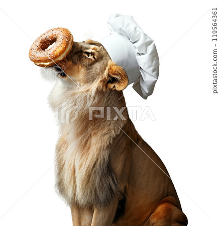 Lioness wearing a white chef's hat with a donut balanced on her head 119564361