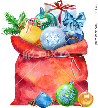 Santa bag open with balls and gift. Watercolor illustration 119564372
