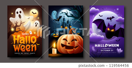 Happy Halloween poster flyer design three collections background 119564456