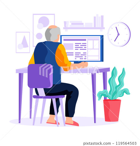 Old people. A senior individual sits on a chair working on a computer at a desk surrounded by wall decor and a potted plant. Ideal for themes of aging, technology use, home office, retirement, and 119564503