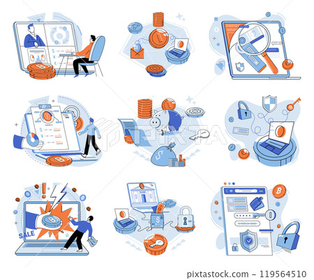 Set of illustrations cryptocurrency exchange platform, marketplace. Financial digital payment system. Internet stock market trading, money investment concept. Online currency and blockchain technology 119564510