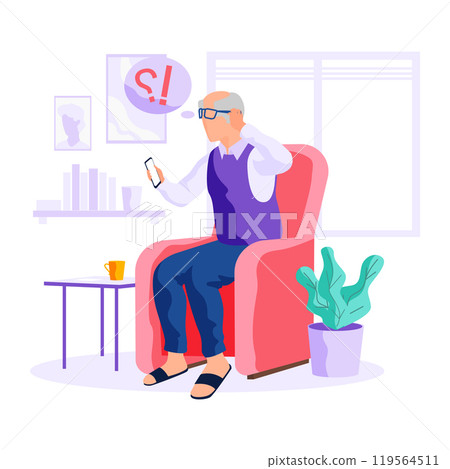 Old person tries to use smartphone. Elder learns new modern technologies and communicates through phone. Character spends time with gadgets. Man resting in armchair and surfing internet on telephone 119564511