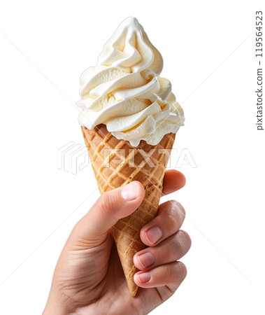 Ice cream cone with vanilla ice cream held in a hand. (transparent background .png) 119564523