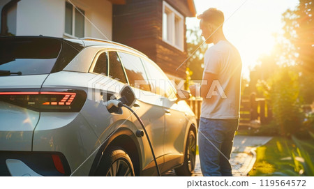 Man charging electric car at home in sunlit driveway: sustainable future concept Man charging electric car at home in sunlit driveway: sustainable future concept 119564572