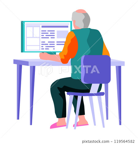 Old man looking for information and surfing internet. Person tries to use computer. Complete old people with modern digital technologies, communicate with gadget. Grandpa learns to work with laptop 119564582