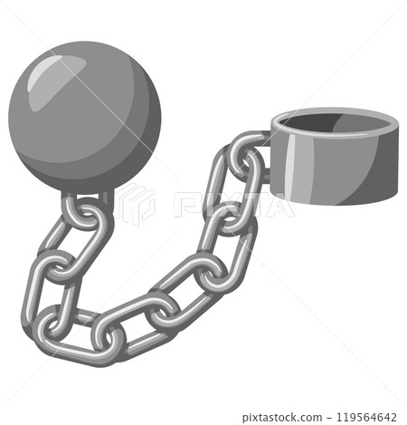 Old fashioned or retro ball and iron chain criminal style design. Silver jail chain with heavy shackle and links. Detention or imprisonment, ban and arrest, restriction of freedom, constraint symbol Old fashioned or retro ball and iron chain criminal style design. Silver jail chain with heavy shackle and links. Detention or imprisonment, ban and arrest, restriction of freedom, constraint symbol 119564642