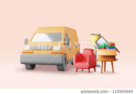 3D delivery van with open door and home stuff 119564889