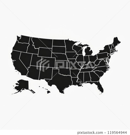 The map highlights the United States, displaying a striking representation of the American flag. Each states outline is filled with red and blue stripes and white stars, symbolizing national pride. 119564944