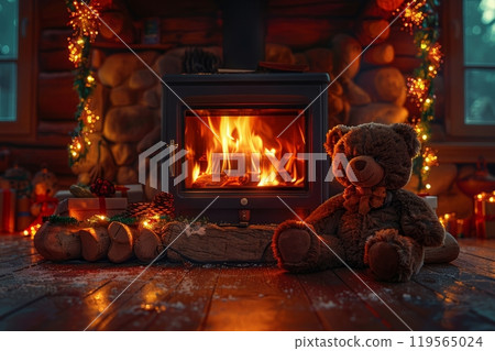 The map highlights the United States, displaying a striking representation of the American flag. Each states outline is filled with red and blue stripes and white stars, symbolizing national pride. 119565024