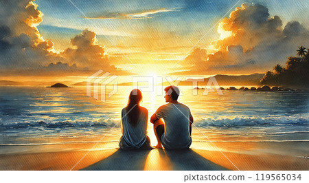 Men and women watching the sunset on the beach 119565034