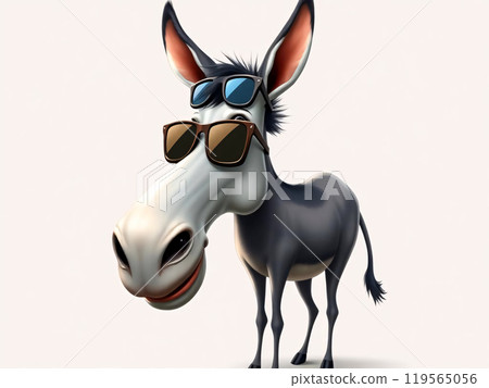 A funny cartoon donkey wearing black sunglasses shows off its cool style with a playful grin in a lighthearted setting 119565056
