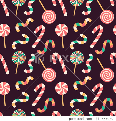 Seamless pattern of candies. Caramel stick, lollipop, candy cane on dark background. Holiday texture, pagking design Seamless pattern of candies. Caramel stick, lollipop, candy cane on dark background. Holiday texture, pagking design 119565079