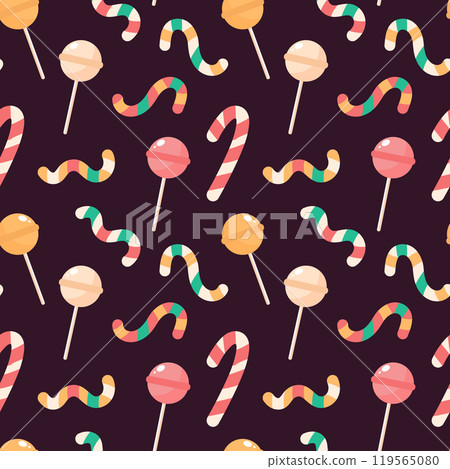 Seamless pattern of candies. Caramel stick, lollipop, candy cane on dark background. Holiday texture, pagking design 119565080