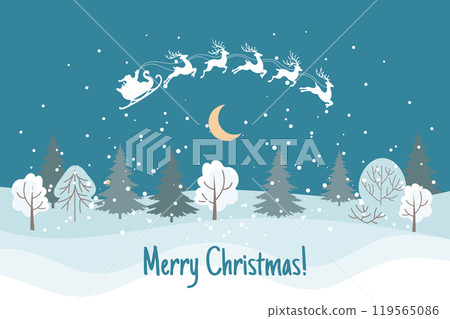 Winter Christmas landscape. Santa on sleigh with reindeer in sky with moon, winter landscape. Illustration Winter Christmas landscape. Santa on sleigh with reindeer in sky with moon, winter landscape. Illustration 119565086