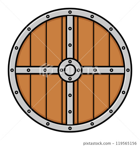 wooden round shield, cartoon color vector cartoon illustration, isolated on white wooden round shield, cartoon color vector cartoon illustration, isolated on white 119565156