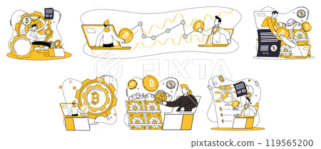 Bitcoin trading vector illustration. Economy, ecosystem, thrives in fertile soil blockchain technology, nurturing growth Bitcoin E-commerce, marketplace, witnesses digital revolution as Bitcoin 119565200