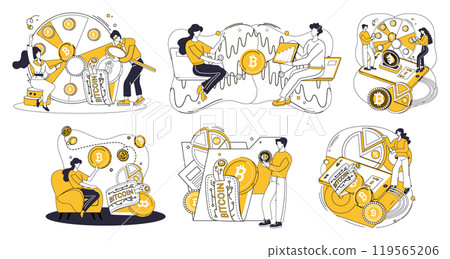Bitcoin trading vector illustration. Profit, harvest, reaps rewards strategic Bitcoin trading, sowing seeds financial abundance Transaction, heartbeat, echoes through digital corridors, marking rhythm 119565206
