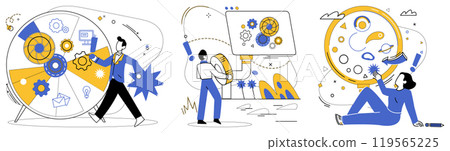 Product development vector illustration. Improvement is architect laying foundation for skyscraper business growth The plan is treasure map leading to chest successful product development 119565225