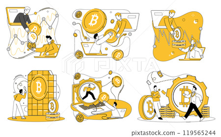 Bitcoin mining vector illustration. Extract, essence, as Bitcoin mining extracts value from virtual realm to tangible world Cryptocurrency mining, exploration, charts new territories in economic 119565244