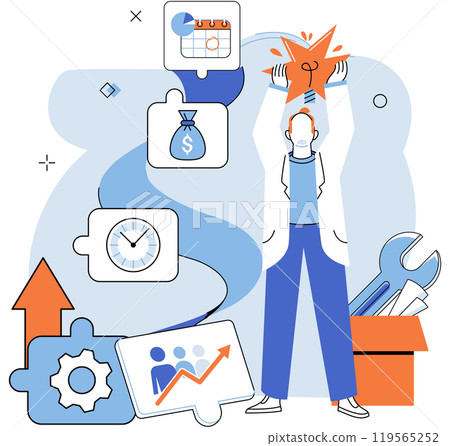 Person work with abstract business system, organizing data, analyzing statistics. Business development structure. Analytics and organization concept. Information processing and data presentation 119565252