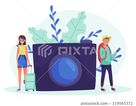 Man and Woman Travel with Suitcase Enjoy Vacation Vector Illustration 119565372