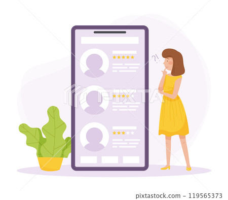 Pensive Woman Character Stand at Smartphone Scratching Head Thinking and Considering Something Vector Illustration 119565373