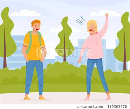 Man and Woman Teenager Meet Greeting Gesture Vector Illustration Man and Woman Teenager Meet Greeting Gesture Vector Illustration 119565376