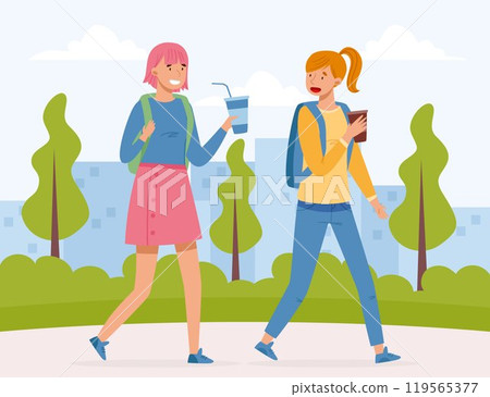 Woman Teenager with Cup of Coffee Walking and Talking Vector Illustration Woman Teenager with Cup of Coffee Walking and Talking Vector Illustration 119565377