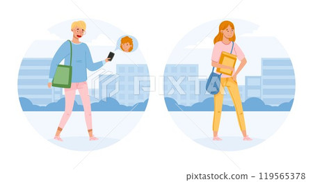 Man and Woman Teenager Talking Via Smartphone App Vector Illustration Man and Woman Teenager Talking Via Smartphone App Vector Illustration 119565378