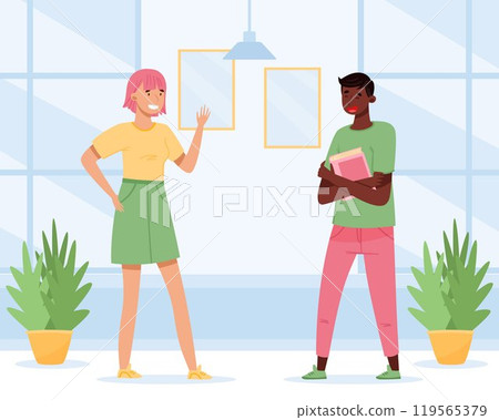 Man and Woman Teenager Meet Greeting Gesture Vector Illustration Man and Woman Teenager Meet Greeting Gesture Vector Illustration 119565379