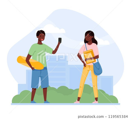 Man and Woman Teenager Meet in the Street Talking Vector Illustration 119565384