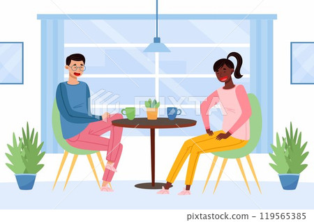 Man and Woman Teenager Sit at Table Talking Vector Illustration 119565385
