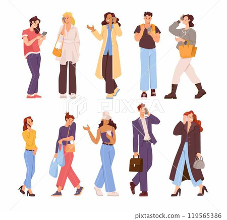 Man and Woman Character Talking Phone Speaking with Someone with Mobile Device Vector Illustration Set 119565386
