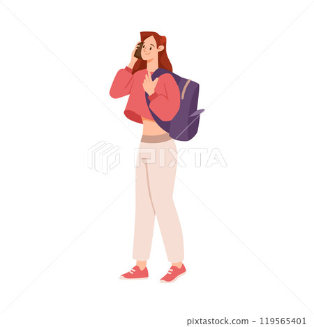 Woman Character Talking Phone Speaking with Someone with Mobile Device Vector Illustration 119565401