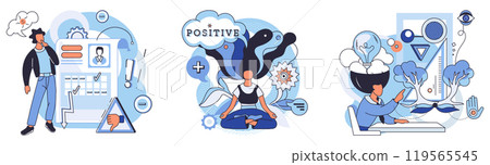 Mindset. Scene of a man in front of a board, a person meditating with positive thoughts, and individuals brainstorming with ideas. Ideal for personal growth, learning, mindfulness, creativity 119565545