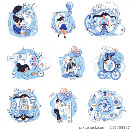 Mindset. Diverse individuals in various professional settings brainstorming ideas, working on projects, and presenting solutions. Ideal for teamwork, innovation, business growth, productivity 119565567