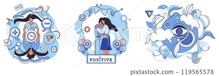Mindset. Positive scene with a parent and child hugging, surrounding icons of health, creativity, and balance. Ideal for promoting positivity, mental health, family love, self-care, and emotional 119565578