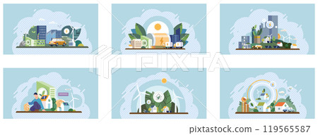 ESG concept. Six scenes showcasing various aspects of environmental and social governance. Ideal for sustainable urban development, clean energy, green transportation, community engagement, corporate 119565587