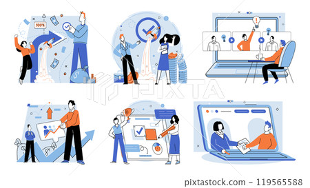 Business people conference group concepts set. Company personnel training, career development course. Virtual meeting, online teamwork and communication. Online skull session, webinar and consultation 119565588