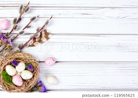Easter banner with nest, eggs, willow, flowers and feathers. Easter banner with nest, eggs, willow, flowers and feathers. 119565625