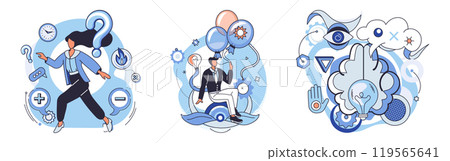 Mindset. Person with question mark, individual with balloons and a thinker illustrate exploration, creativity, and imagination. Ideal for curiosity, problem-solving, innovation, creativity Mindset. Person with question mark, individual with balloons and a thinker illustrate exploration, creativity, and imagination. Ideal for curiosity, problem-solving, innovation, creativity 119565641