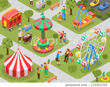 Isometric amusement park. Parents with children walking, eating ice cream, ride on swings and take photos with actors. Circus flawless vector scene 119565705
