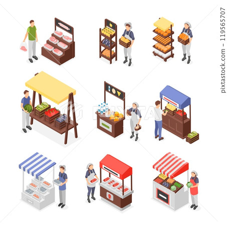 Agriculture market isometric. Wooden stalls with farmer dairy products fruits vegetables. Meat and fish products, sellers and customers flawless vector set Agriculture market isometric. Wooden stalls with farmer dairy products fruits vegetables. Meat and fish products, sellers and customers flawless vector set 119565707
