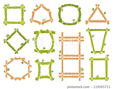 Bamboo wood frames. Green brown sticks with ropes, decorative frame for different design. Organic natural asian plants, neoteric vector set 119565711