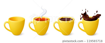 3d Yellow mug 3d icon. Isolated empty cup tea coffee and chocolate splash. Crockery realistic render design. Cups with drinks, hot beverages vector set 119565718
