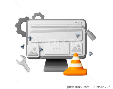 3d Error 404 3d icon. System upgrade, development and service work on web page. Repair tools and monitor, plastic traffic cone. Realistic render vector concept 3d Error 404 3d icon. System upgrade, development and service work on web page. Repair tools and monitor, plastic traffic cone. Realistic render vector concept 119565726